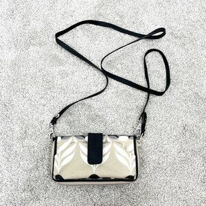 Petunia Pickle Bottom Tan, White and Black Floral Wallet Clutch with Strap